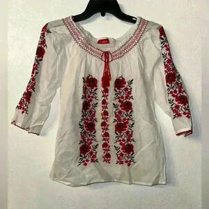 Karina White Top With Red Floral Embroidery & Tassels Size Small